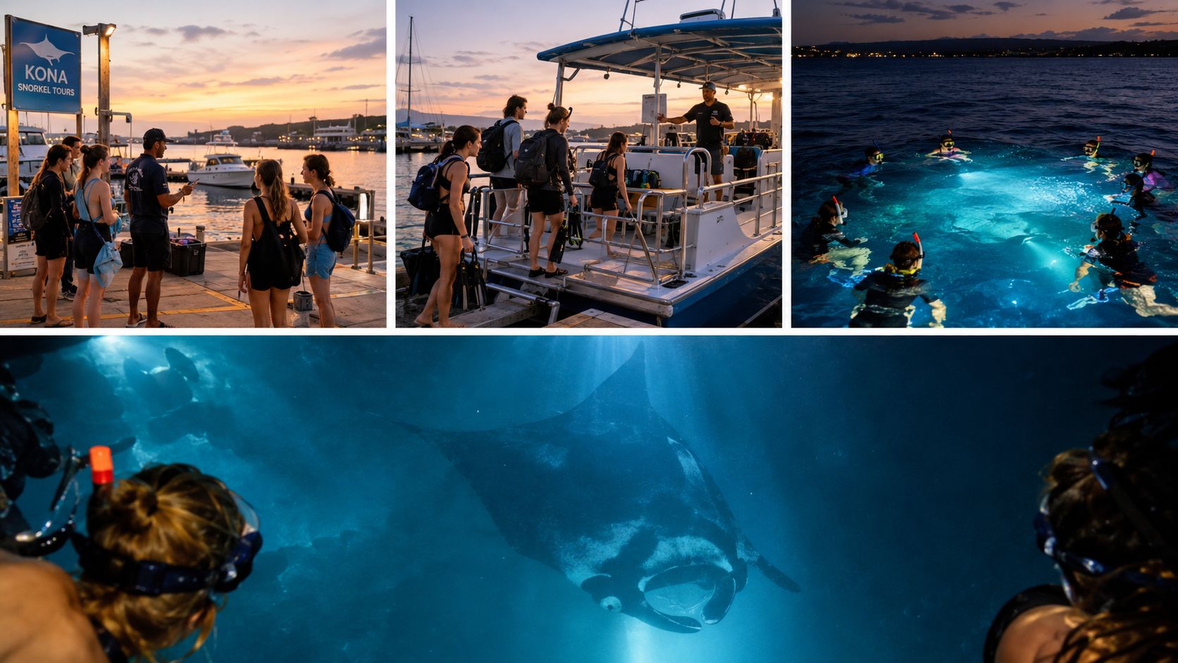 A group of people prepares for and experiences a night snorkel with manta rays on Big Island.