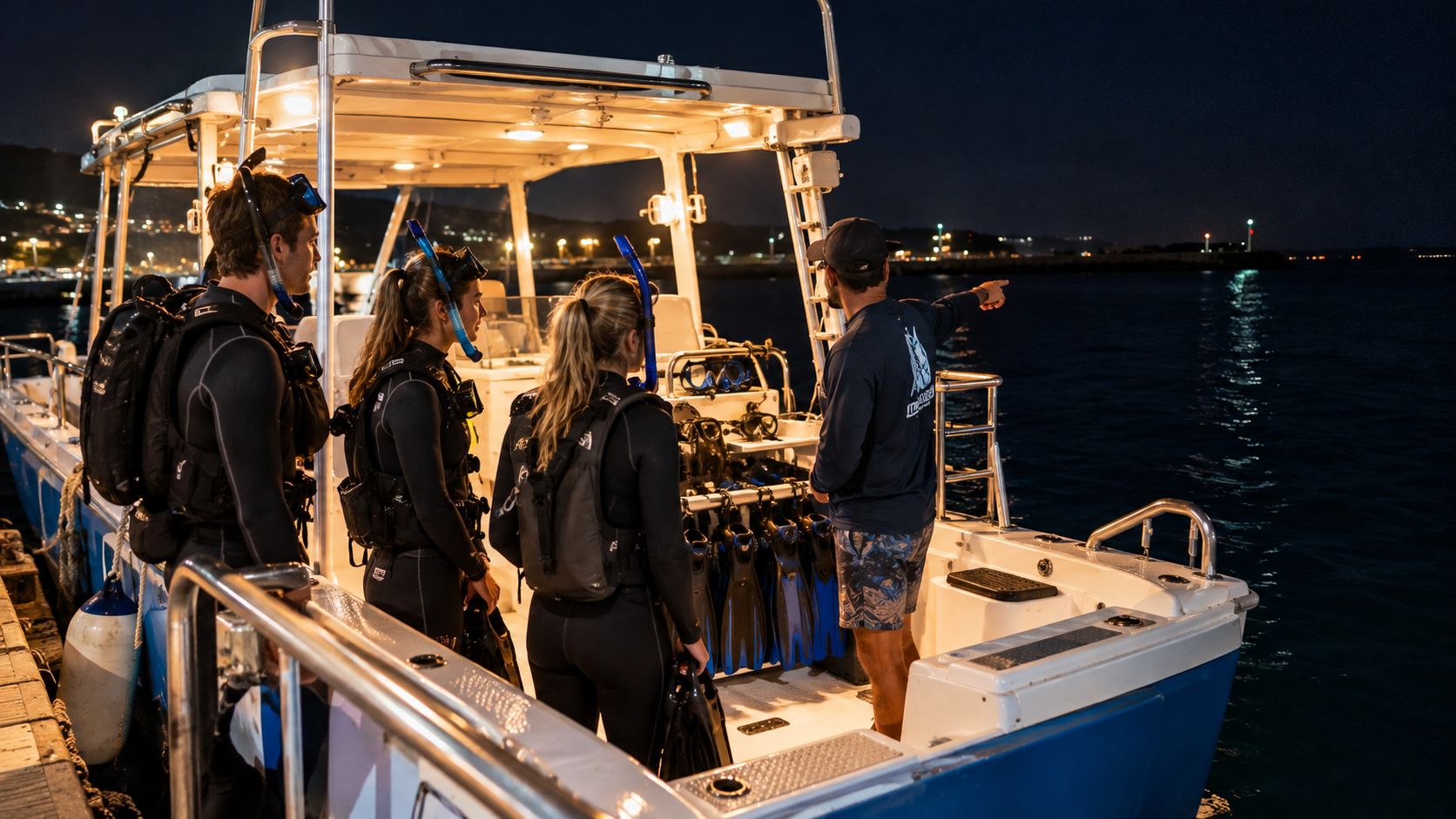 A scuba instructor pointing towards the ocean at night for a group of snorkelers on a boat.