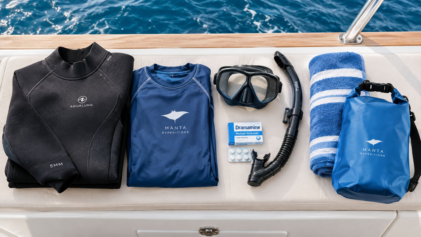 Snorkeling equipment and gear including a wetsuit, shirt, mask, snorkel, Dramamine, towel, and waterproof bag.