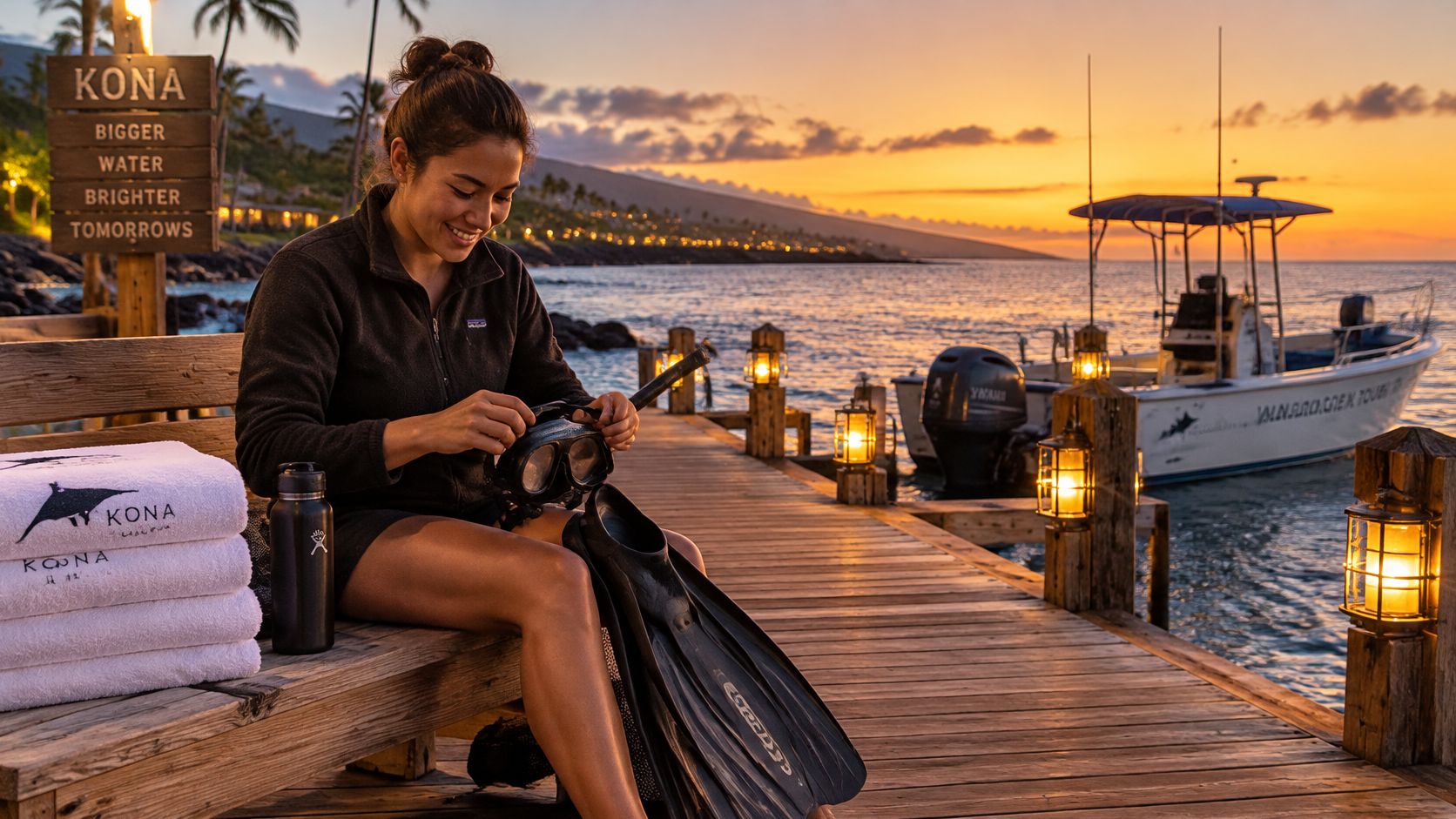A woman prepares for a manta ray night snorkel in Hawaii while sitting on a wooden pier.