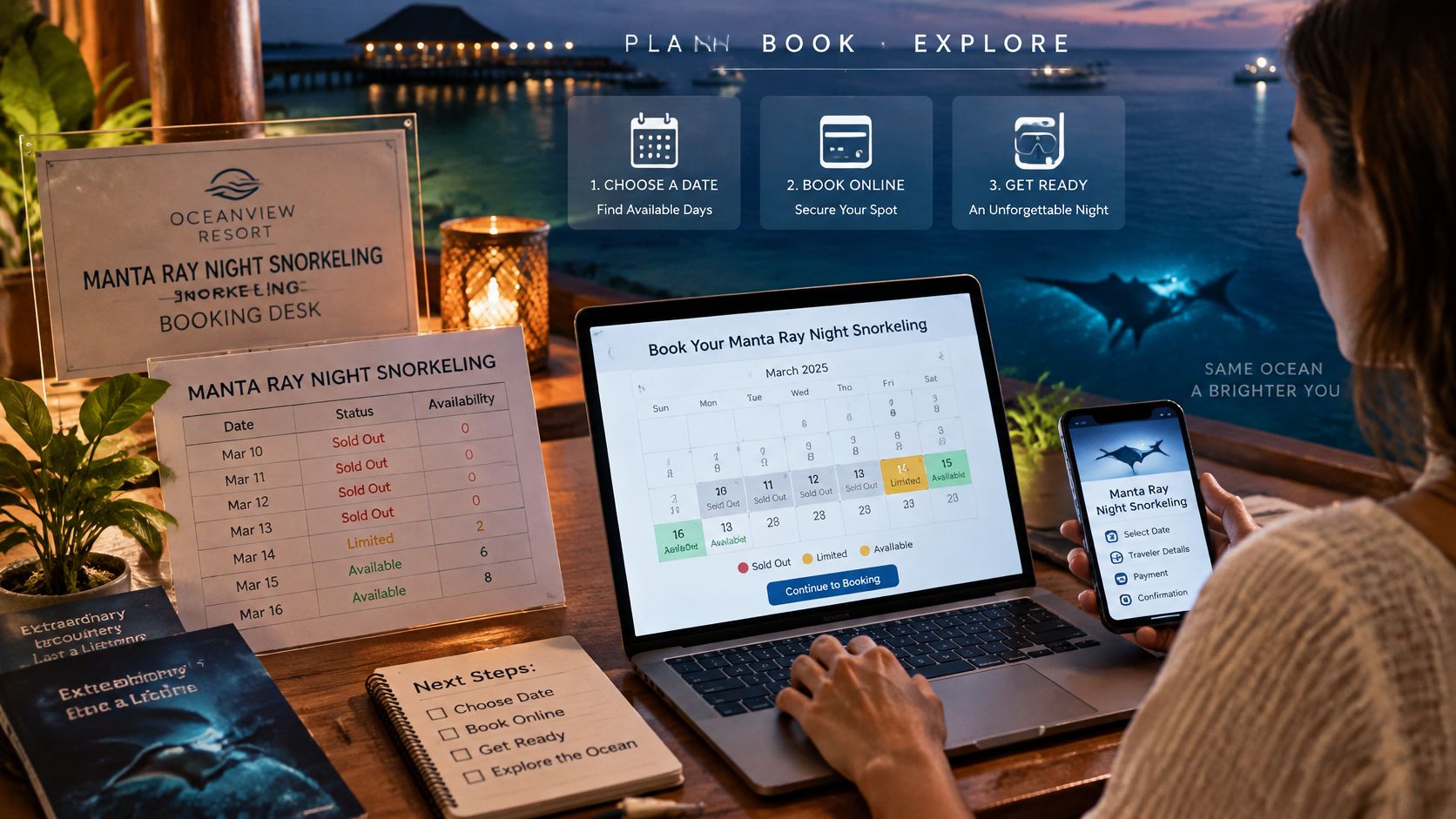 A person booking a manta ray night snorkeling experience online using a laptop and mobile phone.