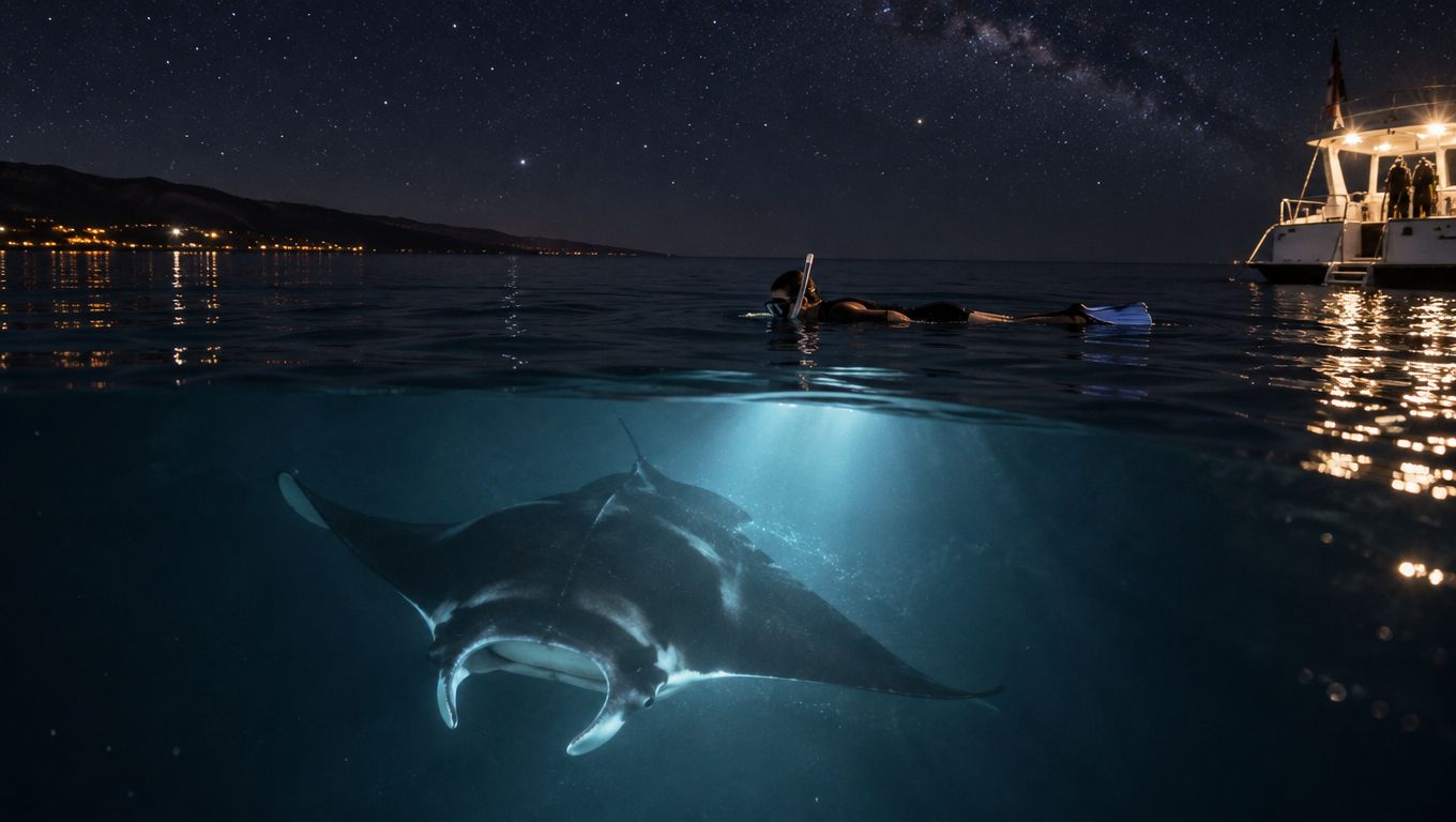 A snorkeler observing a majestic manta ray swimming underwater at night beneath a star-filled night sky.
