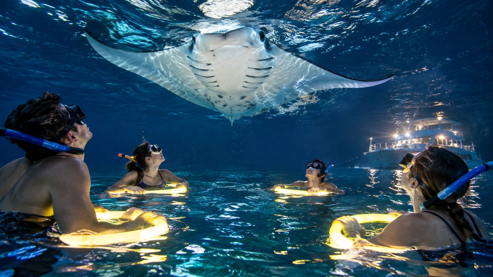 Four snorkelers wearing glowing rings observe a majestic manta ray swimming near the surface at night.