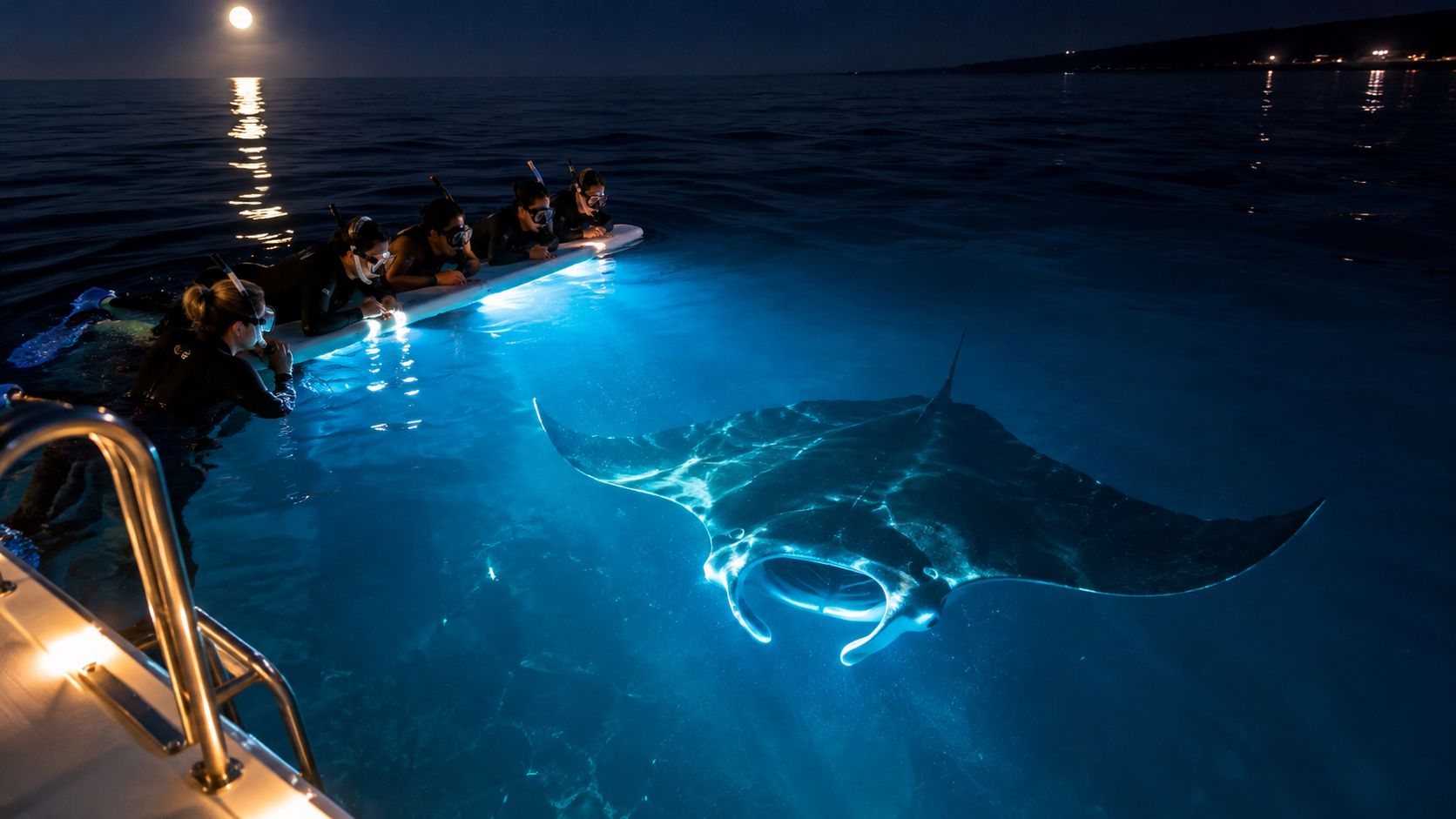 A group of snorkelers with glowing lights watch a large manta ray swimming under the moonlit surface.