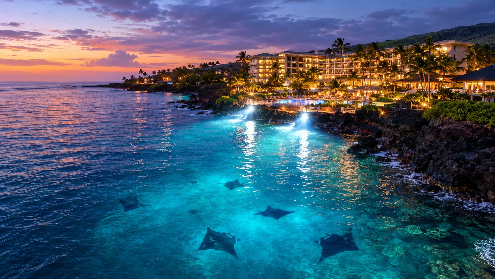 A group of manta rays swimming in glowing blue water near a luxury Hawaiian beach resort at sunset.