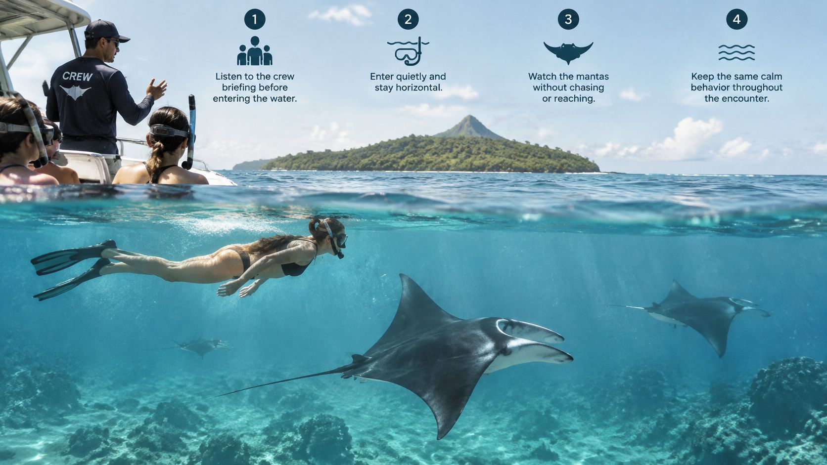 A snorkeler swims near manta rays in clear blue water, guided by boat crew safety instructions.