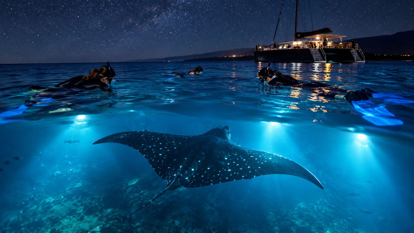 Snorkelers swim with a spotted manta ray under a starry night sky near a boat at sea.