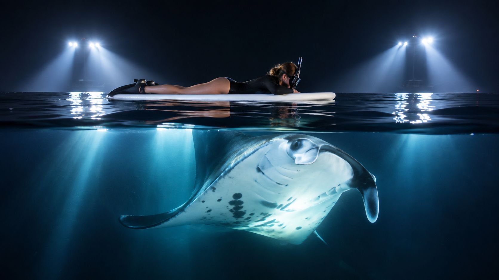 A snorkeler resting on a paddleboard while a manta ray swims elegantly beneath her in dark water.
