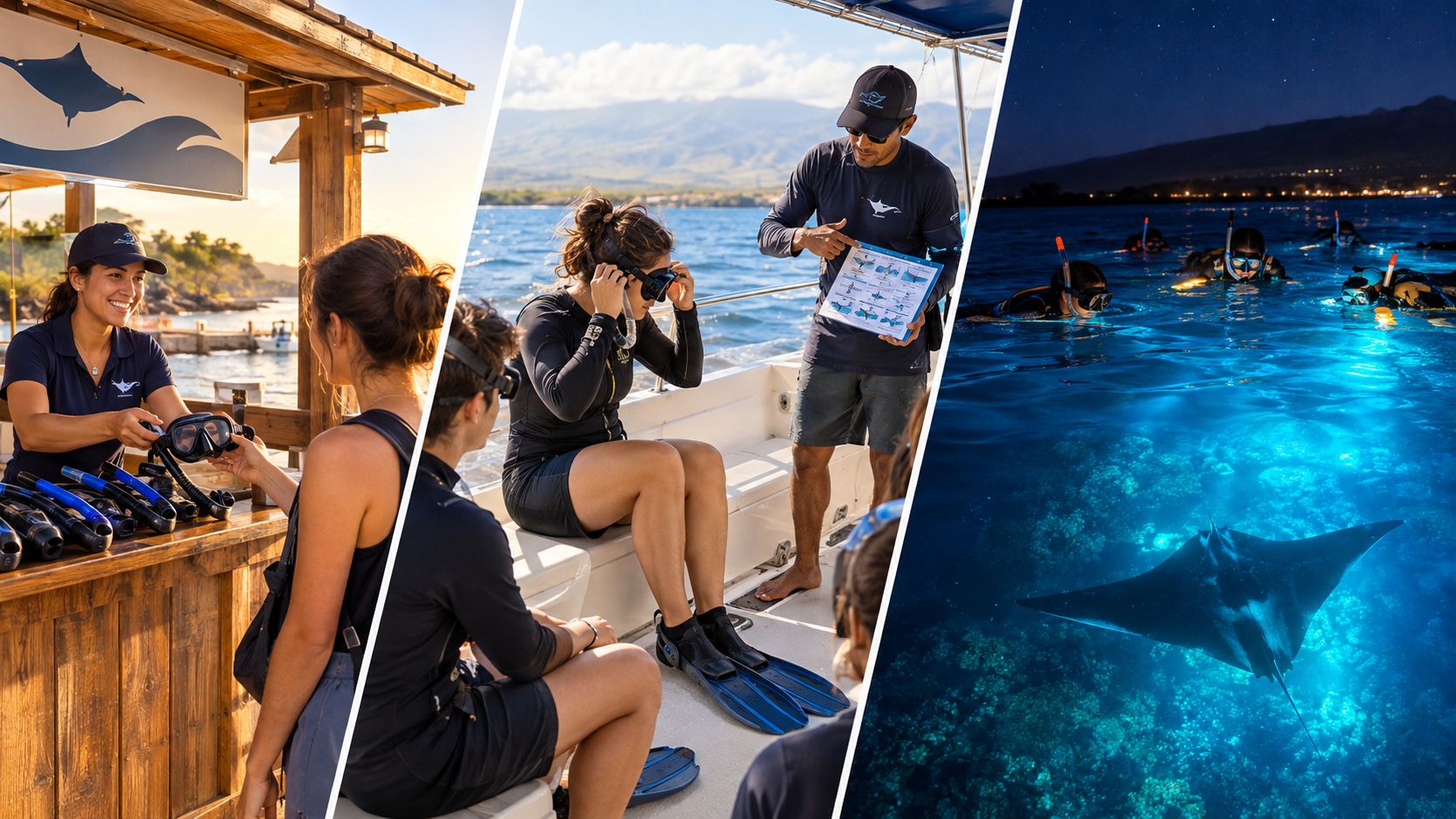 A composite image showing tourists preparing for a manta ray snorkeling tour at Big Island in Hawaii.