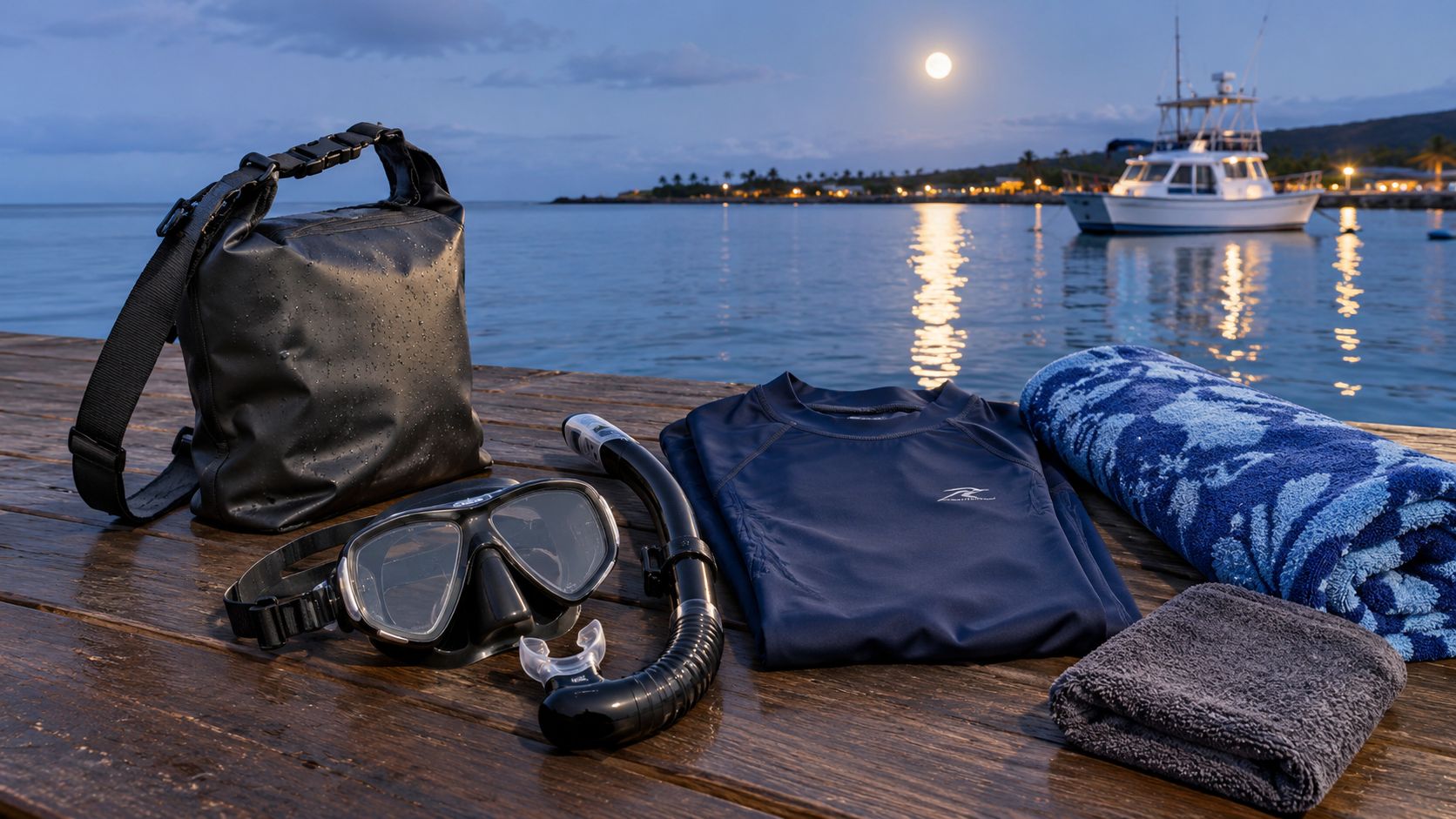 Snorkeling gear and a wet bag placed on a wooden dock with a boat at night.