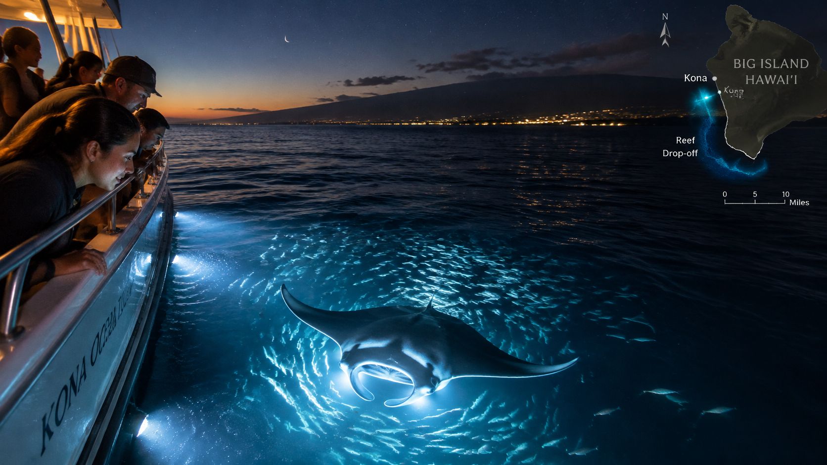 Tourists on a boat watch a manta ray swimming in glowing blue water off Hawaii's Big Island.