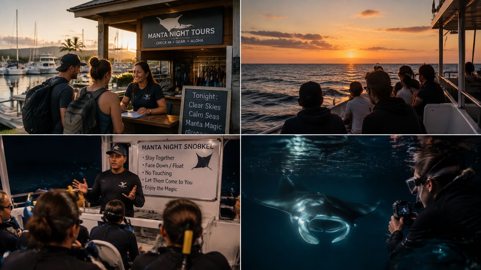 A collage showing guests checking in for a manta ray snorkeling tour in Hawaii at sunset.