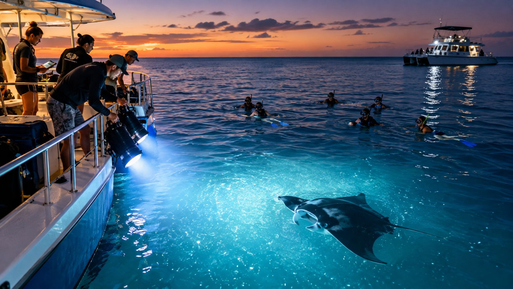 Tourists snorkeling with a large manta ray illuminated by bright lights from a boat at sunset.
