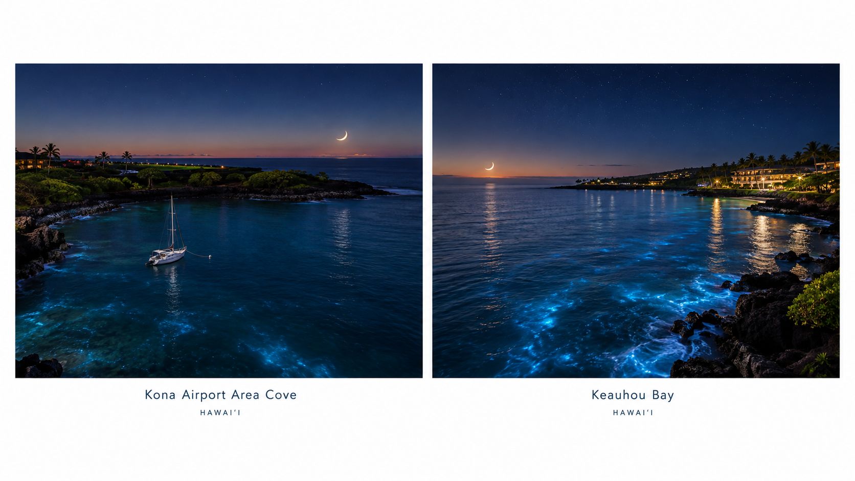 A split image showing bioluminescent ocean waters at Kona Airport Area Cove and Keauhou Bay, Hawaii at night.