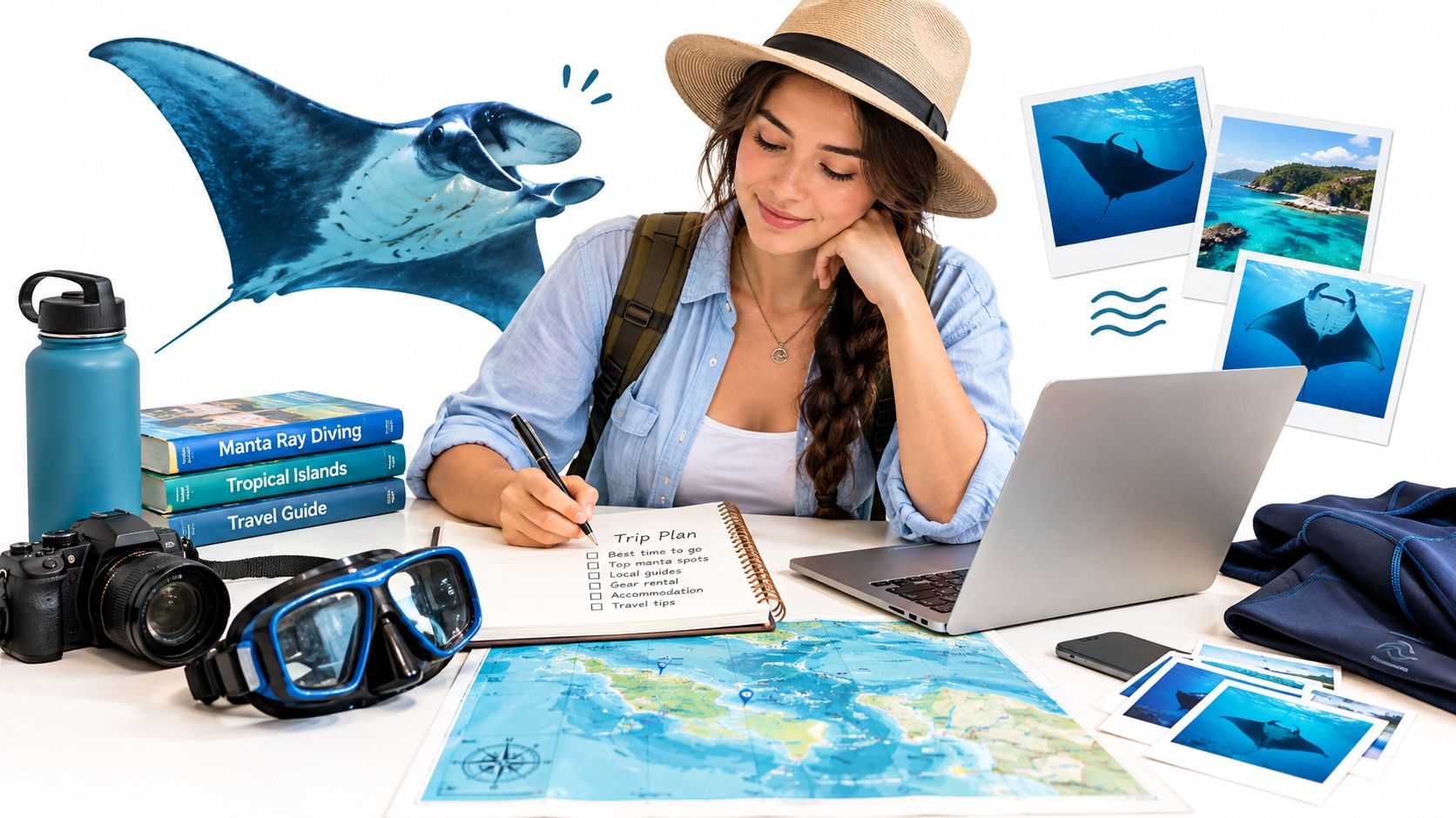 A woman planning a scuba diving trip to see manta rays with a map and laptop.