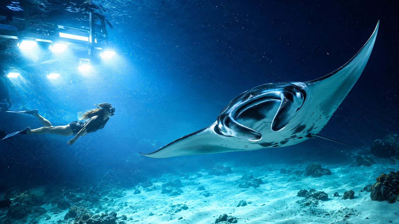 A snorkeler swimming underwater alongside a large graceful manta ray illuminated by bright overhead diving lights
