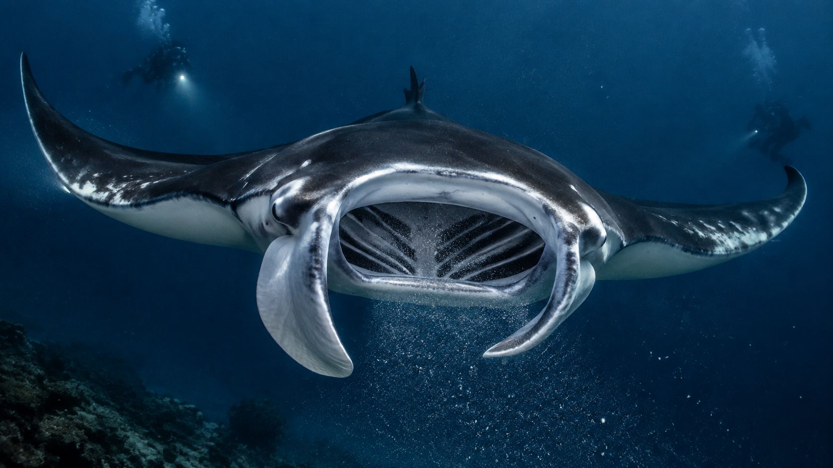 A majestic manta ray swimming underwater with its mouth wide open near scuba divers in Hawaii.