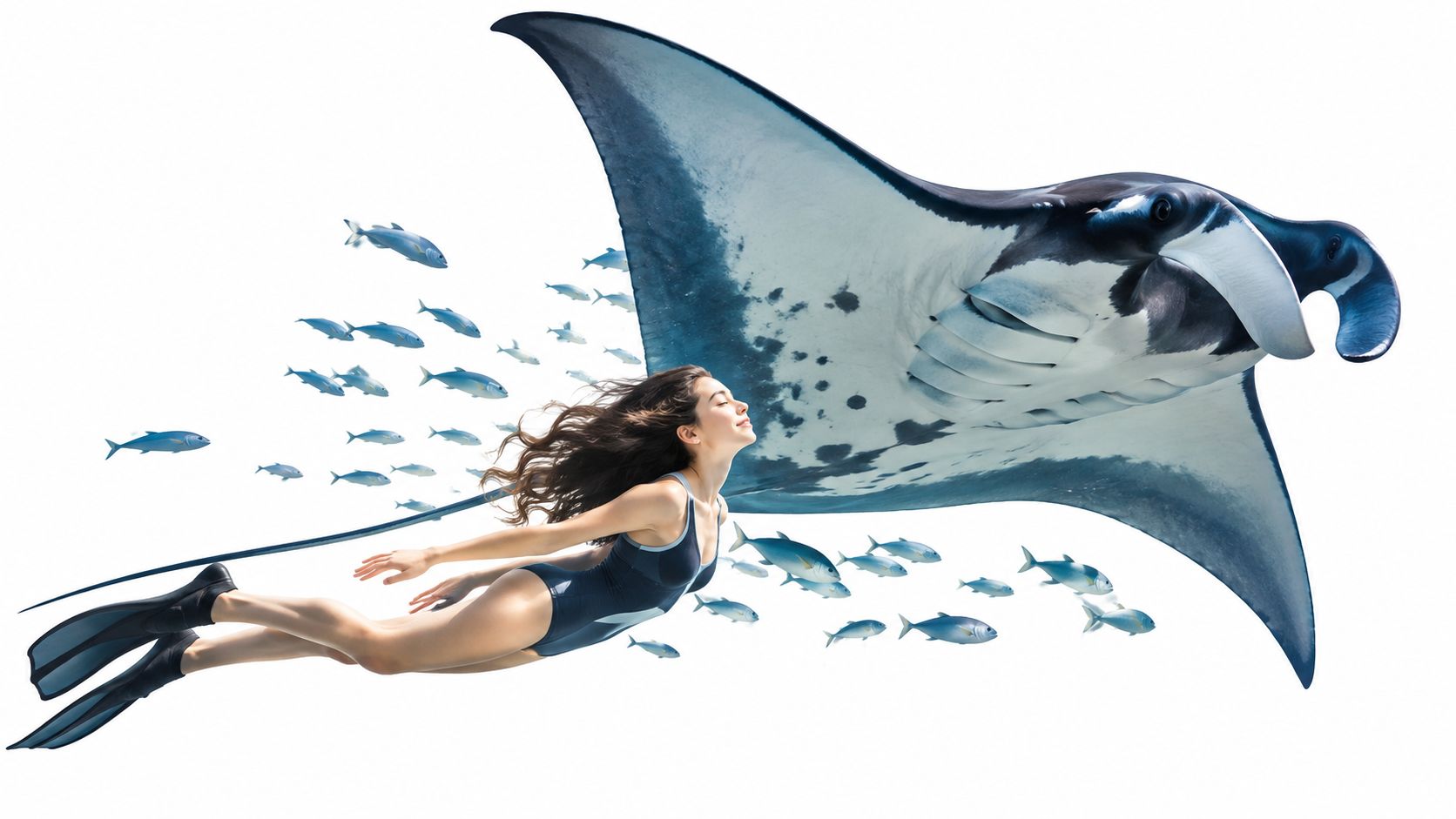 A woman swimming gracefully underwater alongside a majestic manta ray and a small school of tropical fish.