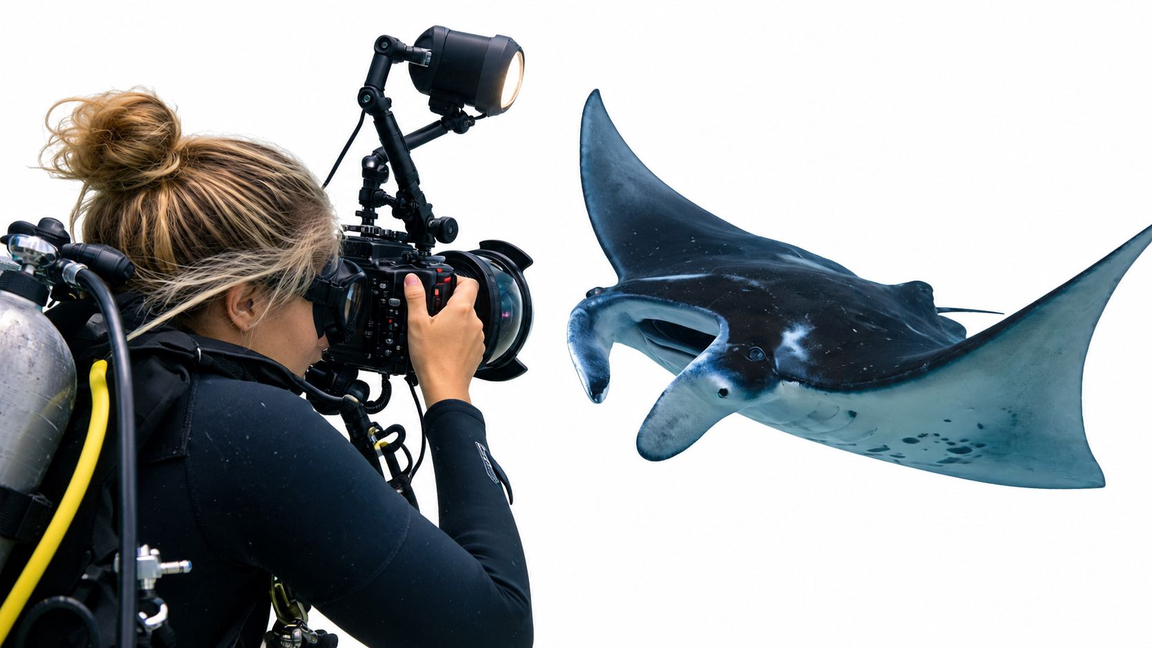 A scuba diver photographing a graceful manta ray swimming in open water during a night dive.