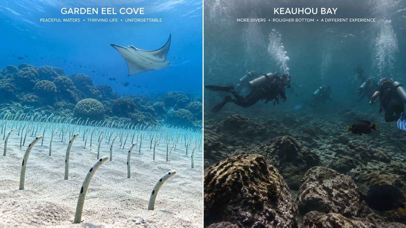 A split underwater view showing garden eels in clear water and divers exploring a rocky reef.