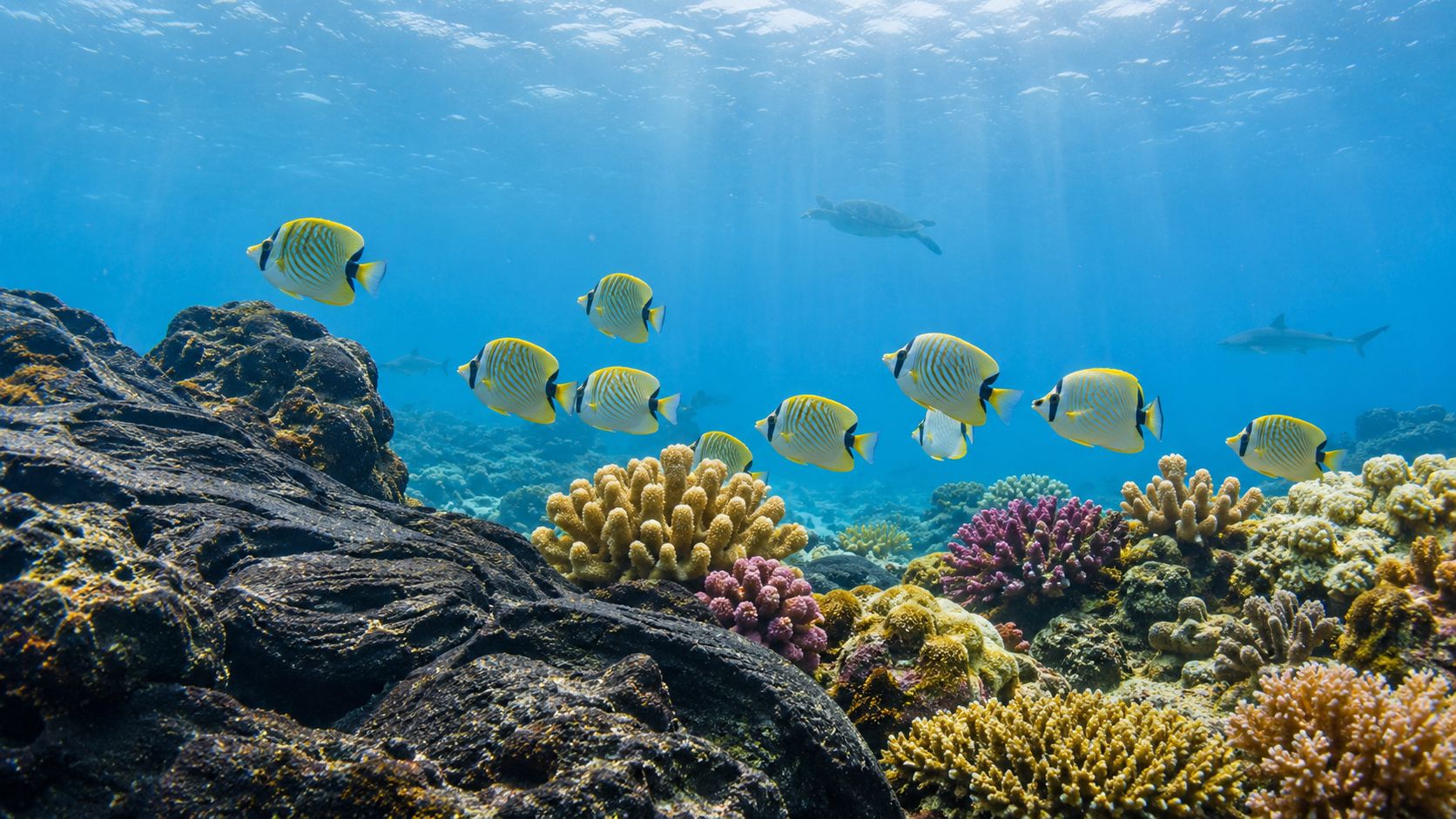 A school of yellow butterflyfish swimming over a vibrant coral reef in clear blue Hawaiian waters.