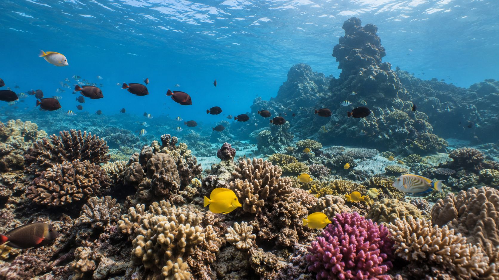 Vibrant coral reef in Hawaii filled with colorful tropical fish swimming in clear blue ocean water.