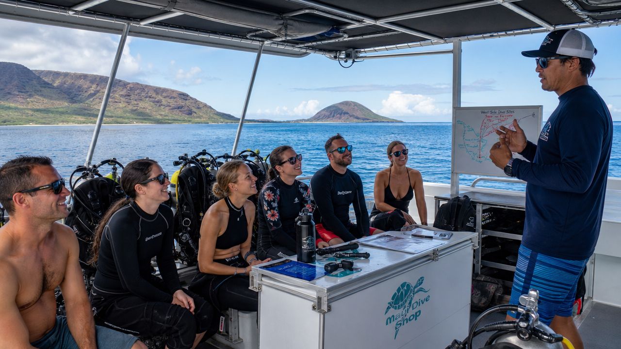 A dive instructor gives a briefing to a group of divers on a boat in Hawaii.