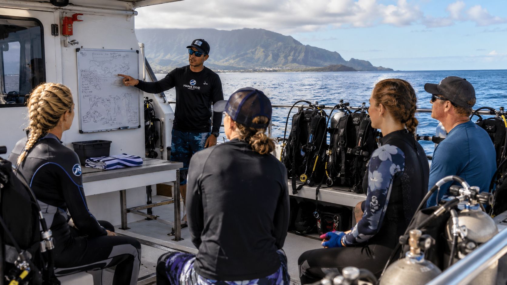 A scuba instructor gives a briefing to divers on a boat with mountains in the background