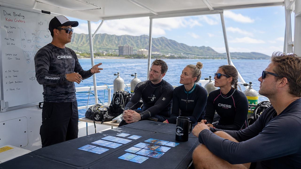 A scuba diving instructor provides a pre-dive briefing to a group on a boat in Hawaii.