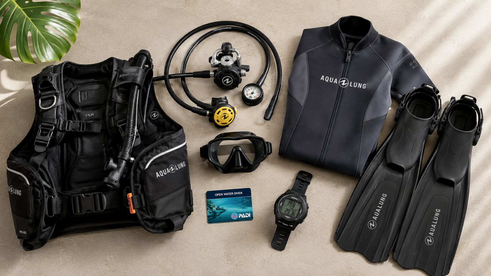 An array of scuba diving equipment including a buoyancy control vest, regulator, fins, mask, and diving computer.