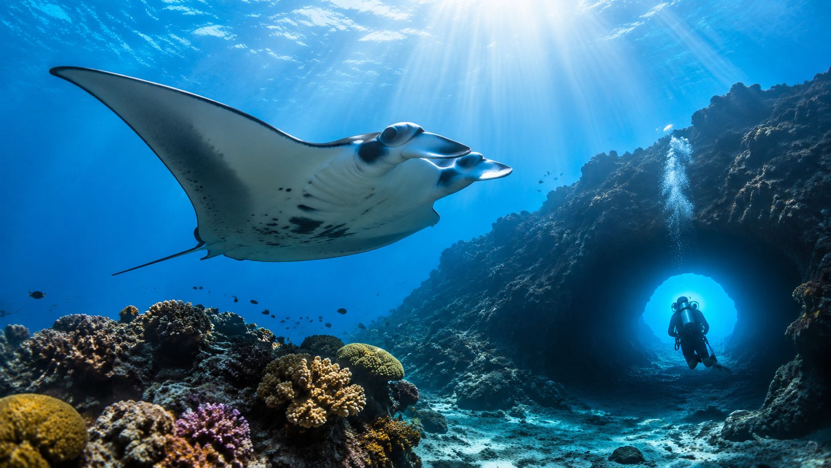 A majestic manta ray swimming above a colorful coral reef with a scuba diver exploring a cave.