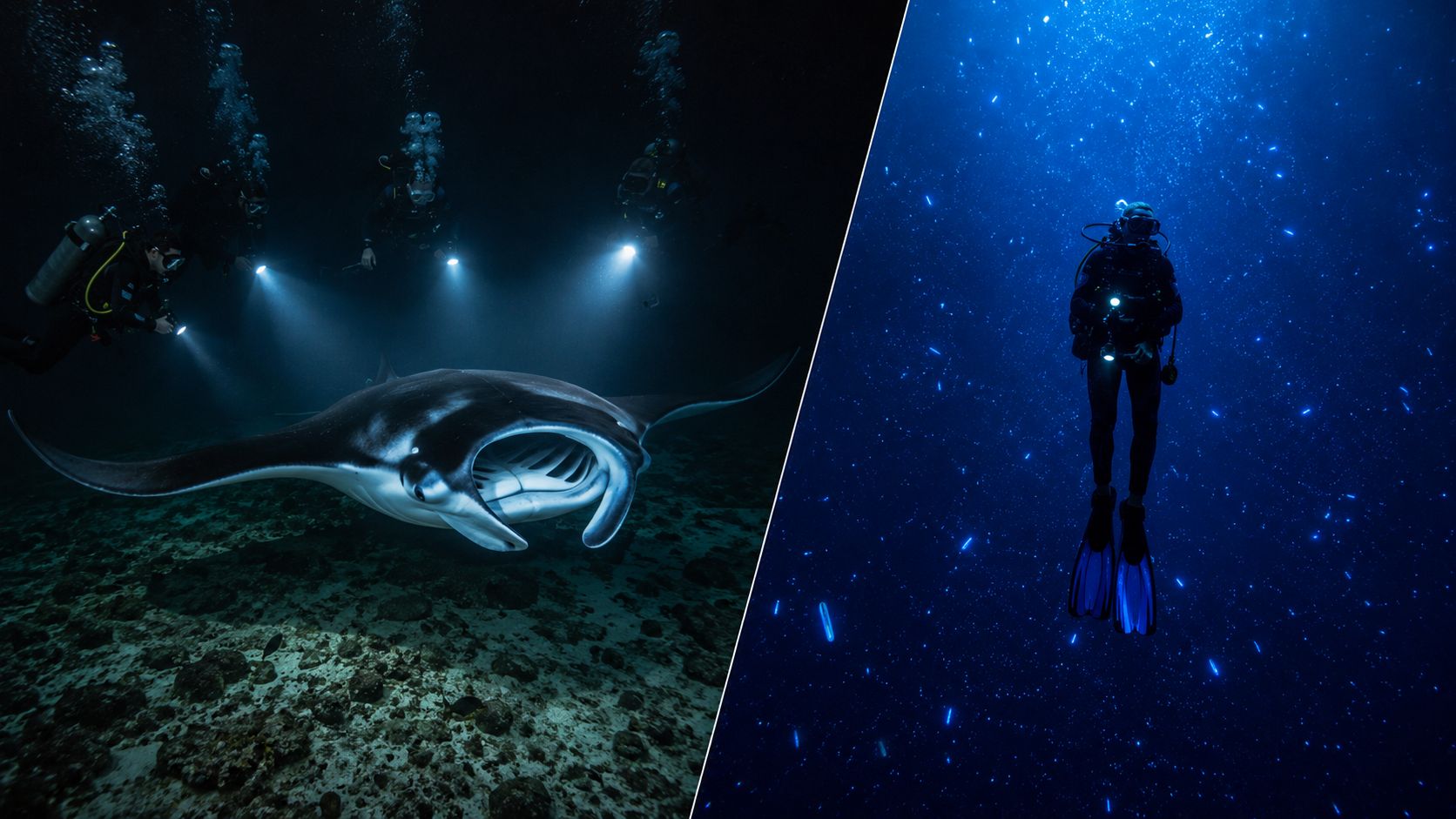 Scuba divers swimming with a manta ray at night alongside a diver surrounded by bioluminescent plankton underwater.