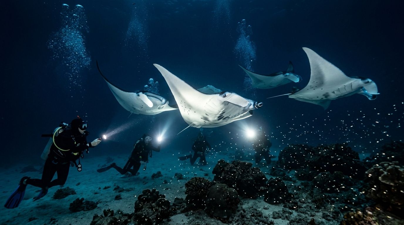 Scuba divers use underwater flashlights to observe majestic manta rays swimming in the deep dark ocean