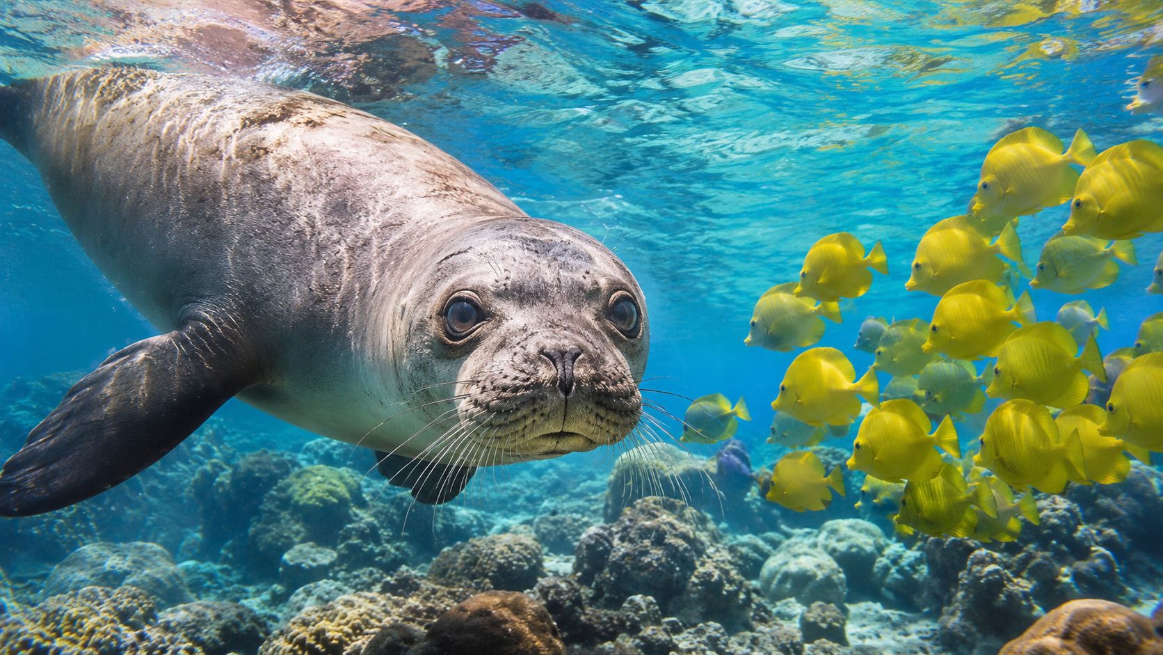 A monk seal swimming underwater near a vibrant reef surrounded by a school of bright yellow fish.