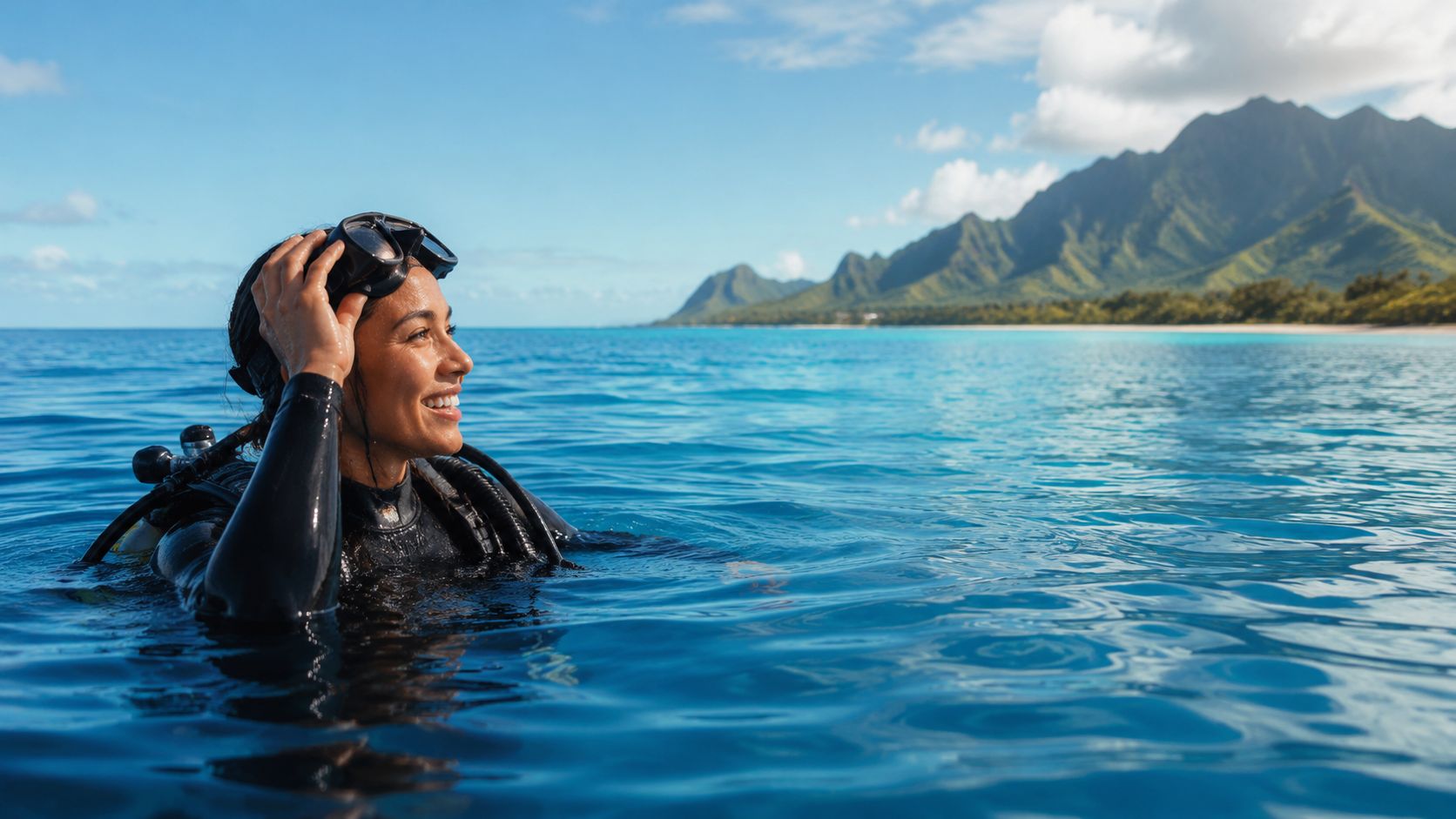 A happy woman wearing a black wetsuit pauses while scuba diving in the clear blue Hawaiian water.