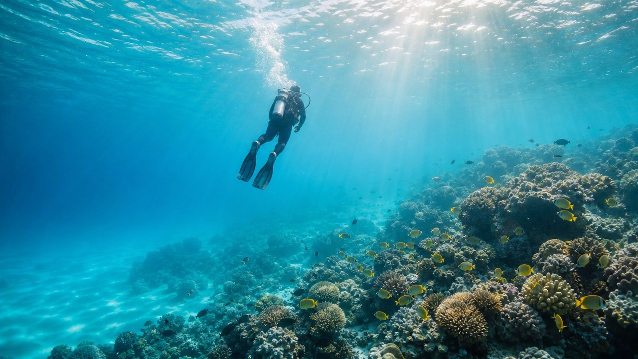 A scuba diver explores a colorful coral reef under crystal clear blue water in the ocean.