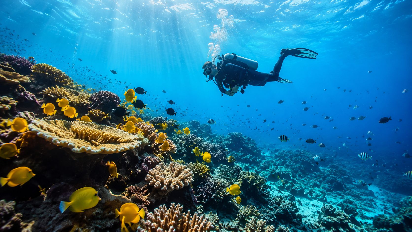 A scuba diver explores a vibrant coral reef filled with yellow tang fish in clear blue water.