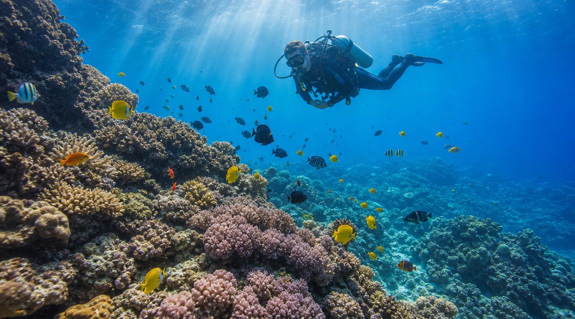 A scuba diver explores a vibrant coral reef filled with colorful tropical fish under the bright ocean surface.