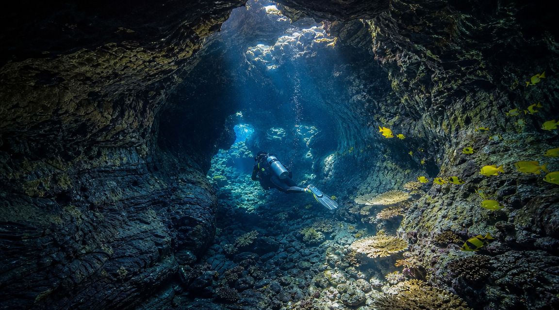 A scuba diver explores a dark, sunlit underwater lava tube cave filled with tropical yellow fish.
