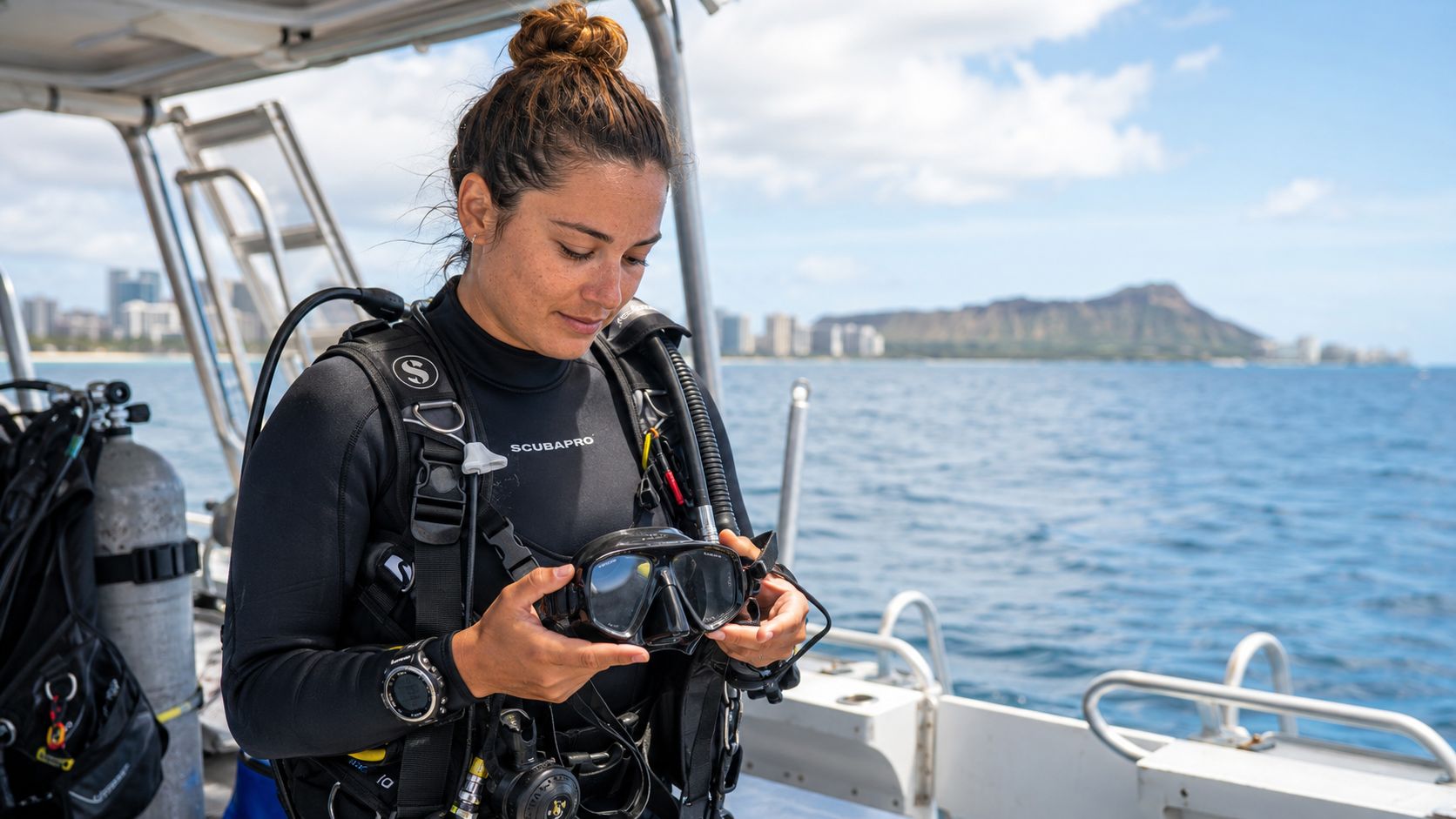 A female scuba diver prepares her diving mask on a boat with Diamond Head in the background.