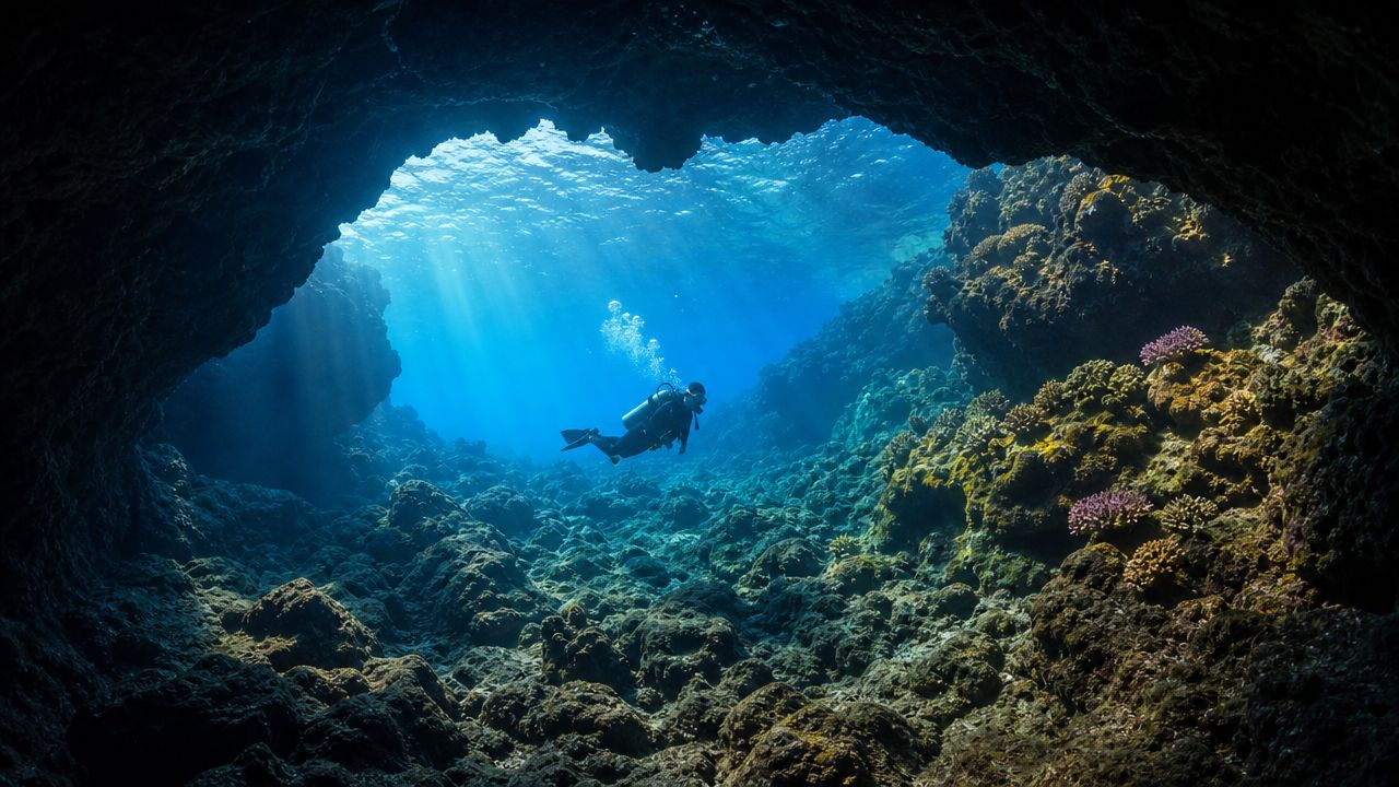 A scuba diver explores a deep underwater sea cave surrounded by dark volcanic rock and colorful coral reefs.