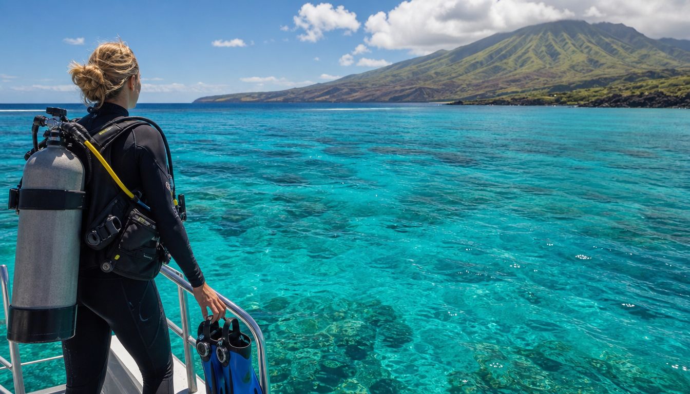A scuba diver stands on a boat deck looking out at clear blue tropical ocean water.