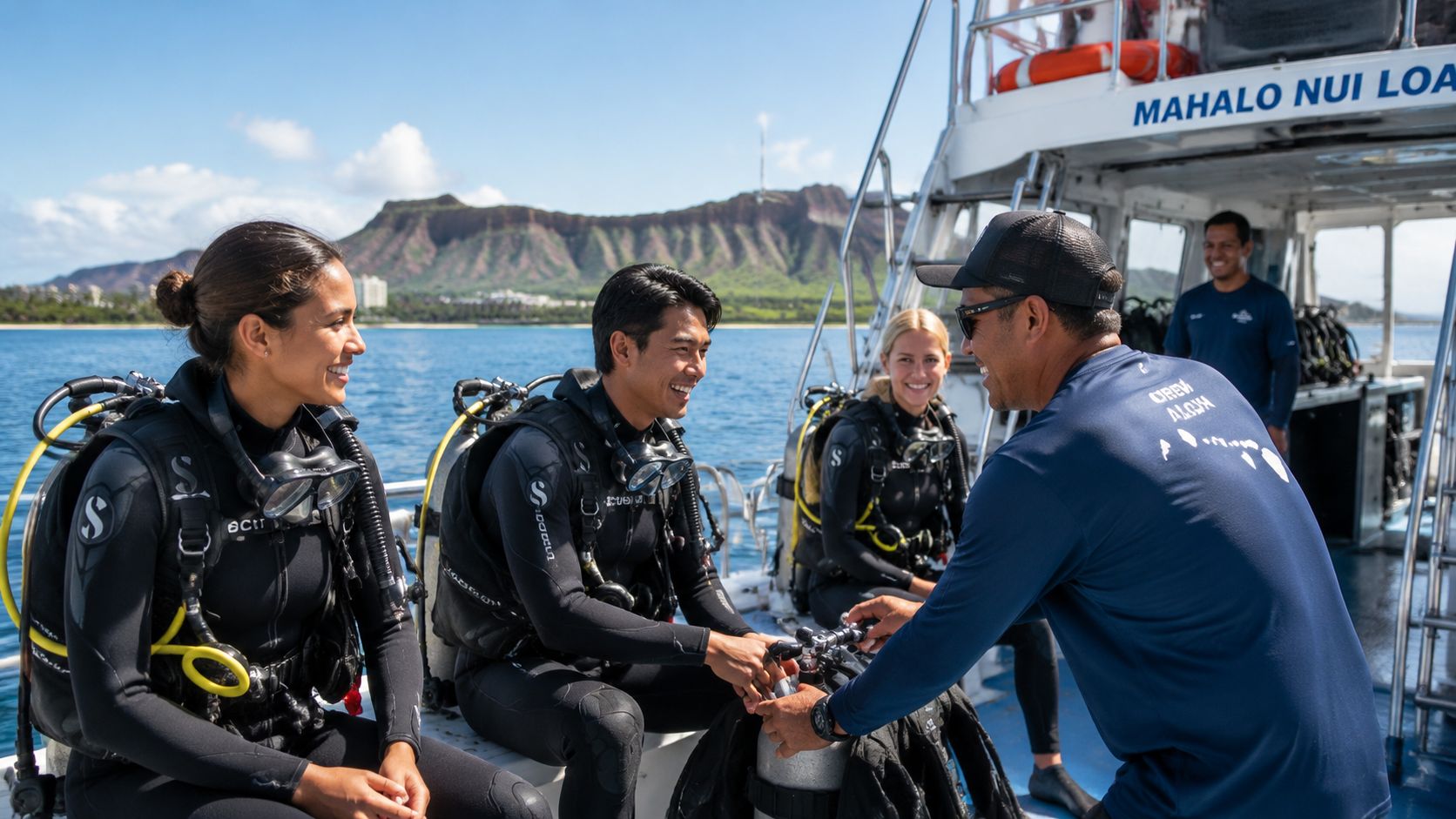 Scuba divers in wetsuits and gear smiling as a boat crew member prepares equipment in Hawaii.
