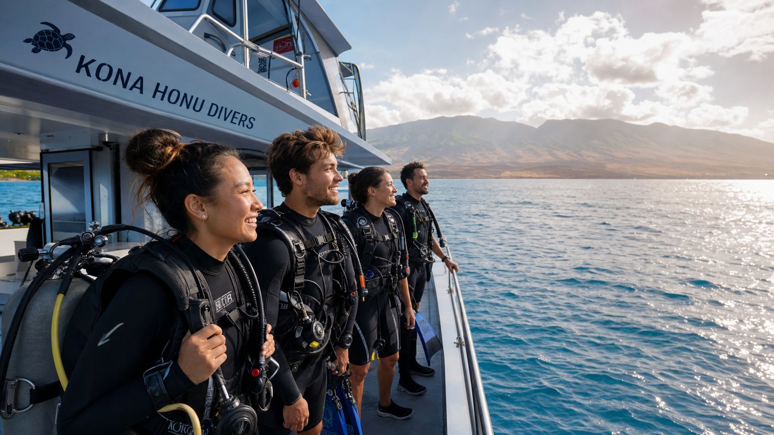 A group of scuba divers in wetsuits standing on a boat in Hawaii, looking out at the ocean.