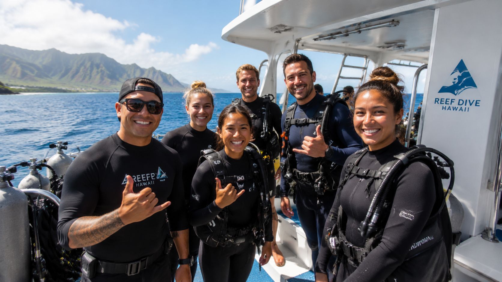 A group of happy scuba divers smiling and posing on a boat in Hawaii with mountains behind.