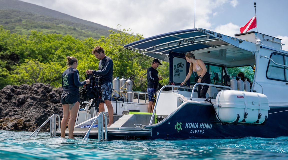 Divers preparing scuba gear on a Kona Honu Divers boat in Hawaii near a volcanic shoreline.