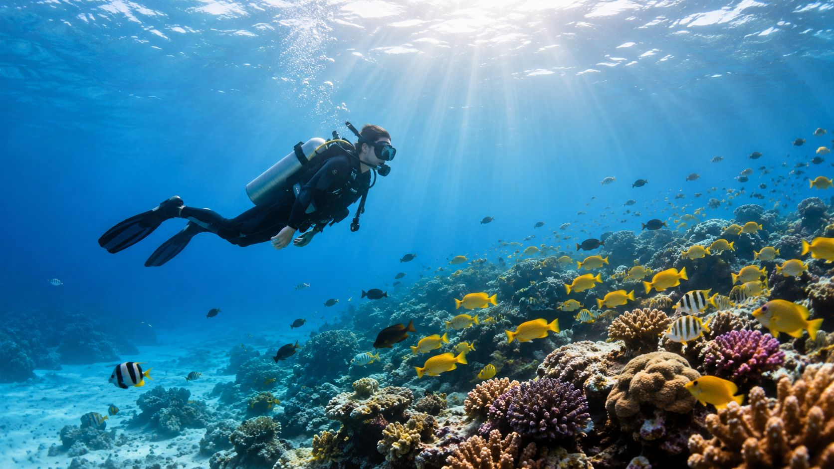 A scuba diver explores a vibrant coral reef in clear blue water surrounded by many tropical fish.