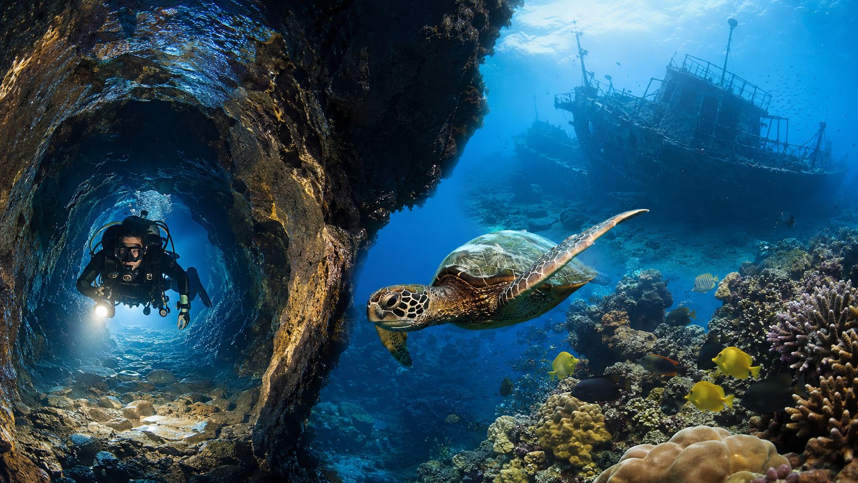 A scuba diver explores a dark underwater cave while a sea turtle swims near a shipwreck coral reef.