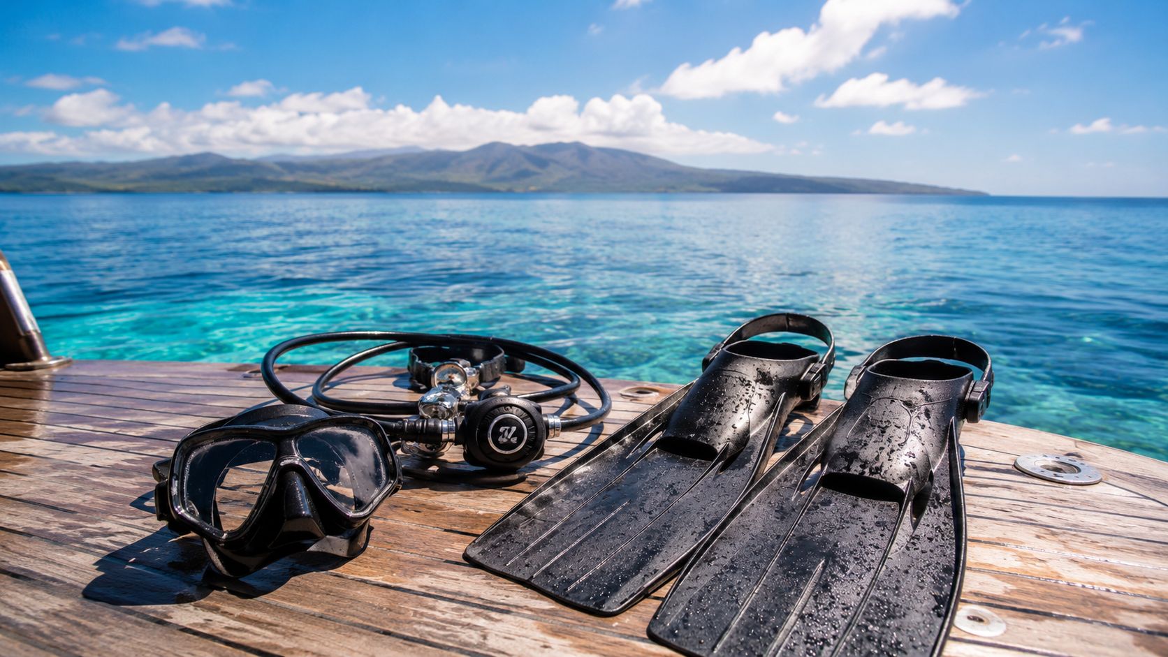 Scuba diving equipment including a mask, fins, and regulator resting on a wooden boat deck.
