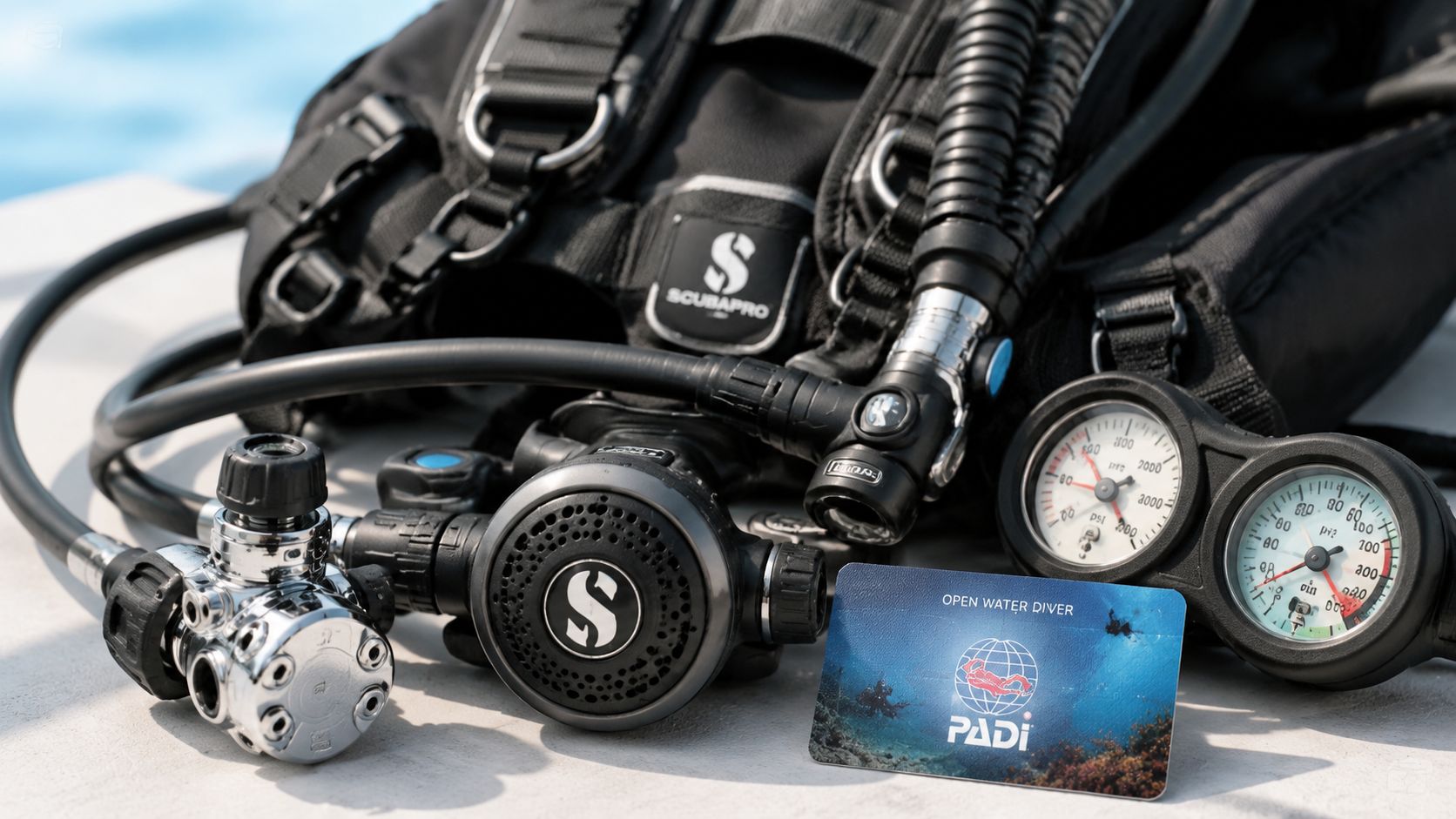 Scuba diving equipment including a Scubapro regulator, buoyancy compensator, gauges, and a PADI certification card on display.